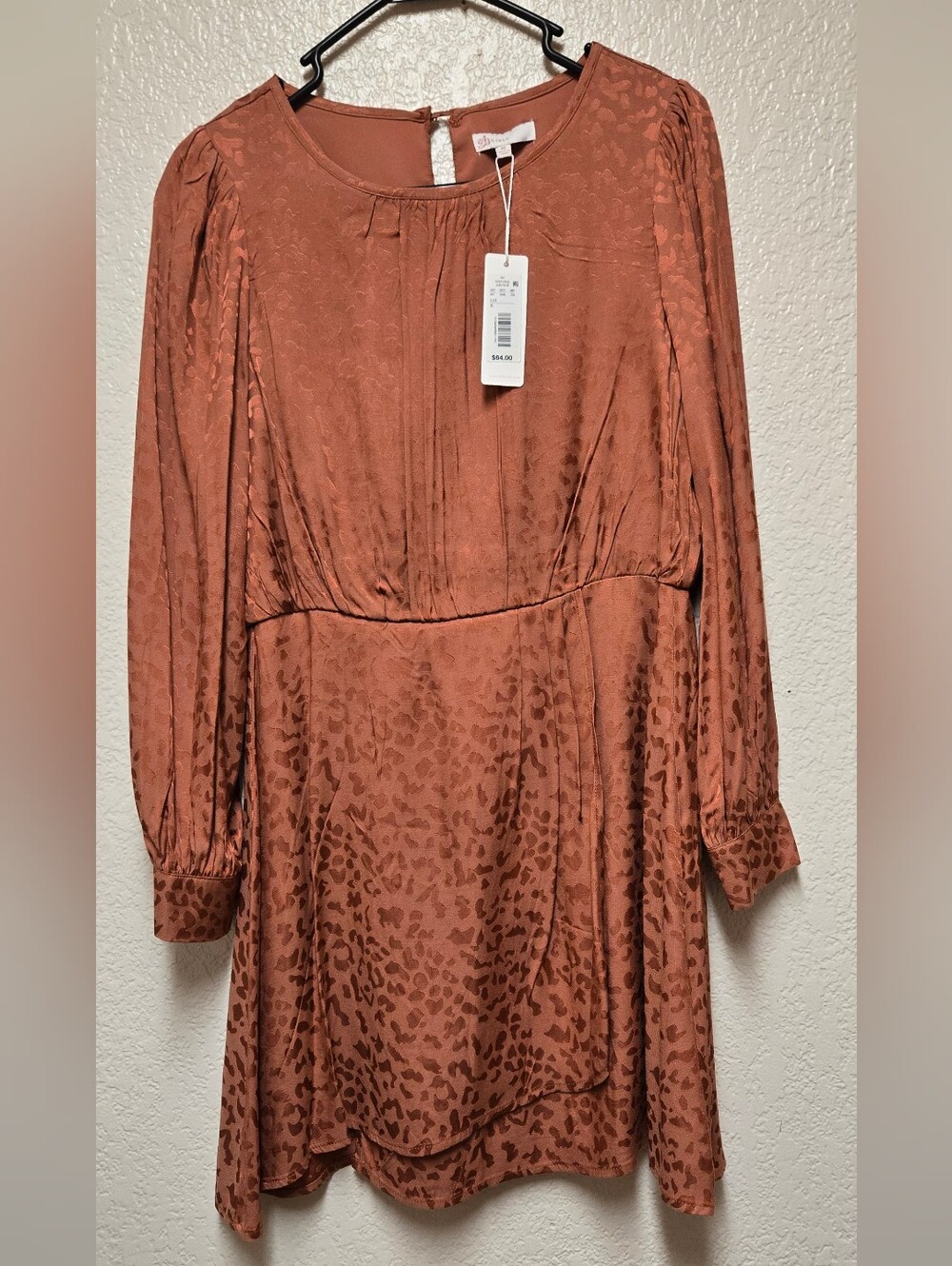 NWT GB Girls Copper Rust Tone-on-Tone Leopard Jacquard Long Sleeve Dress